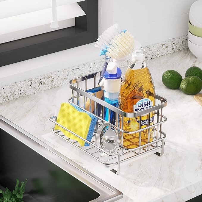HapiRm Kitchen Sink Organizer, SUS304 Stainless Steel Rustproof Multifunctional Large Sink Caddy with Sponge Holder and Drain Tray for Kitchen Countertop (Silver)