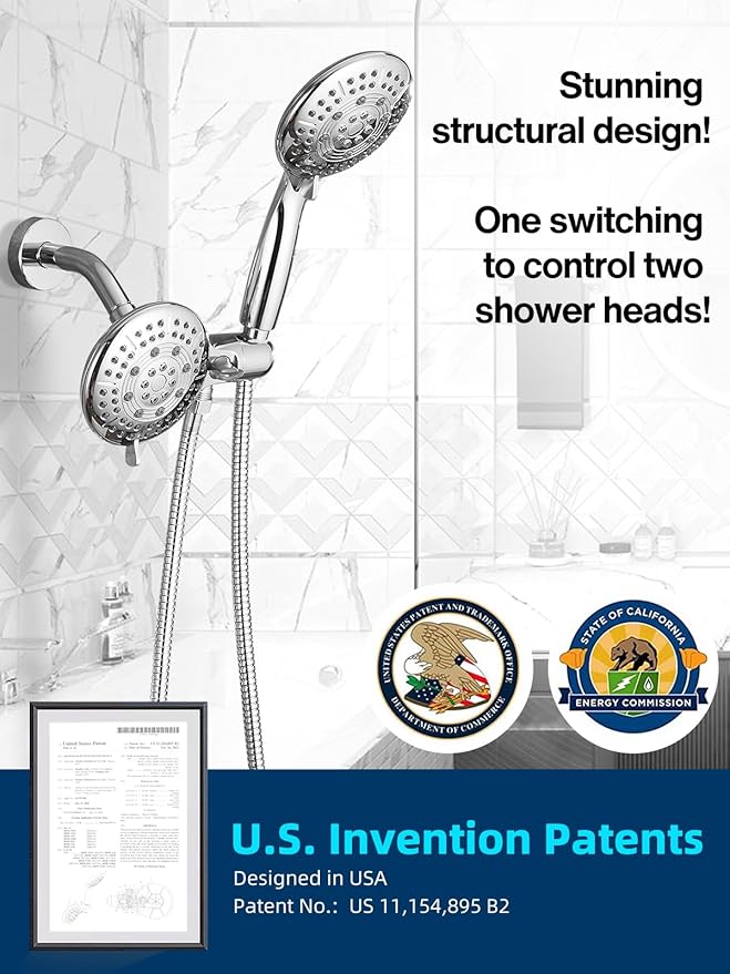 Cobbe 48-Setting High Pressure 3-Way Shower Head Combo, Hand Held Shower & Rain Shower Separately or Together, 4.7" Dual 2 in 1 Showerhead with Stainless Steel Hose - Chrome - U.S. Invention Patents