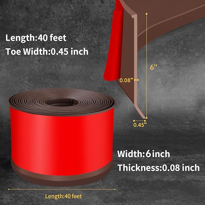 Flexible Baseboard Molding Trim 6 Inch Self-Adhesive Vinyl Wall Base Peel and Stick Cove Base Rubber Wall Baseboard Moulding Trim (40Ft, Brown)