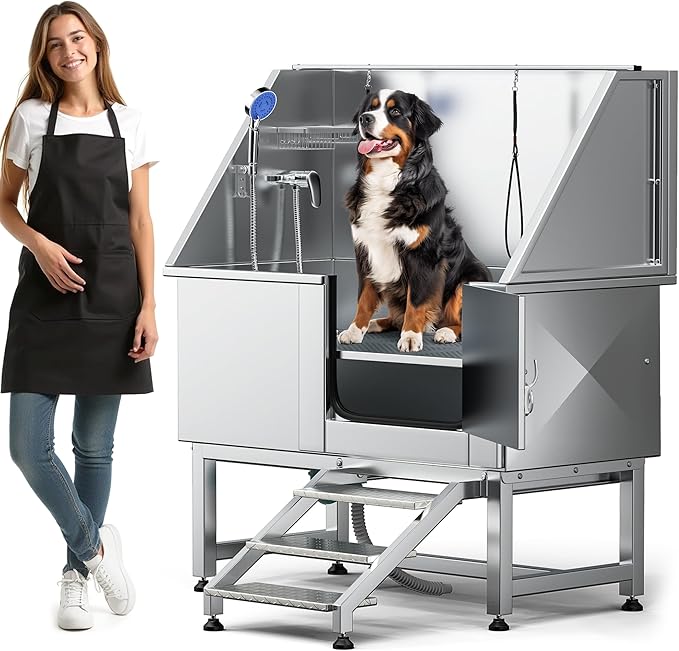 DWVO Professional Pet Dog Bathing Station for Grooming, 50'' Dog Grooming Bathtub with Right Staris, Floor Grate, Faucet, Showerhead & Soap Holder for Large, Medium & Small Pets