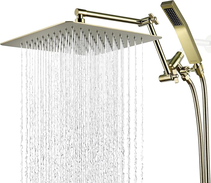 G-Promise All Metal 12 Inches Rainfall Shower Head with Handheld Spray Combo, 3 Settings Diverter, Adjustable Extension Arm with Lock Joints, 71 Inches Stainless Steel Hose (Polished Brass)