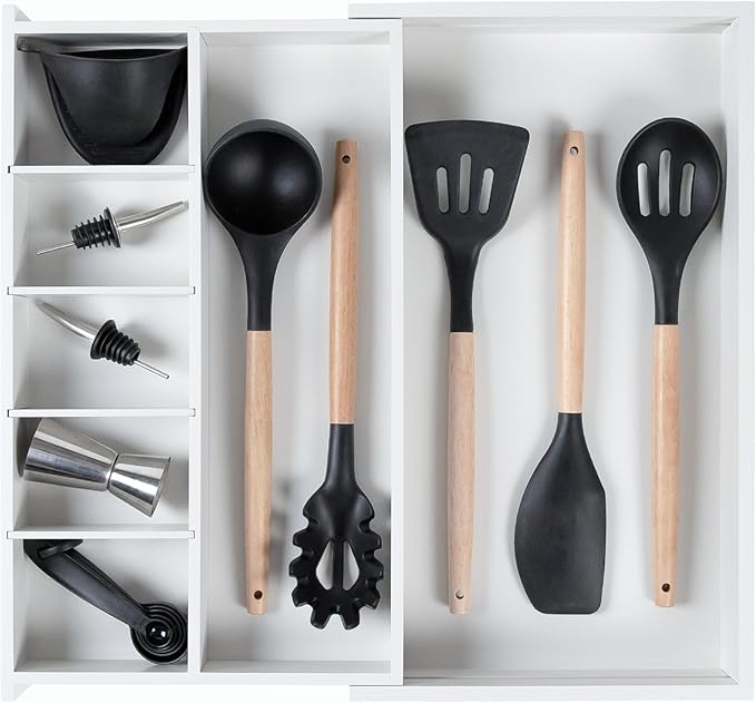 KitchenEdge Adjustable Kitchen Drawer Organizer for Utensils and Junk, Food-Safe Contract Grade with 100% Sustainable Wood, Expandable from 10.5 to 19 Inches Wide - White Bamboo