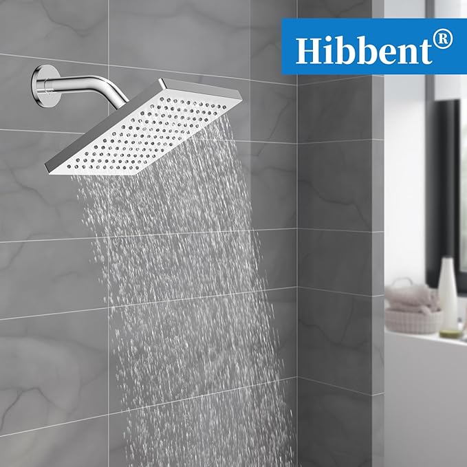 Hibbent Thickness Metal Rain Shower Head, 8 Inch High Pressure Rainfall Shower Head, Square Bathroom Waterfall Shower Heads, High Flow Fixed Showerheads with Adjustable Brass Ball Joint, Chrome