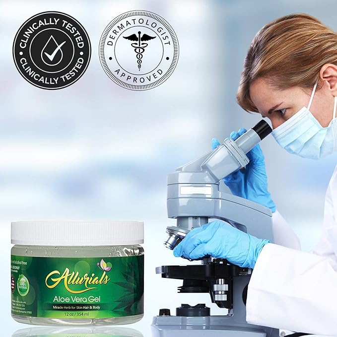 Allurials 99.75% Pure & Organic Aloe Vera Gel - Made in USA, Clinically tested & Dermatologist approved, Hydrates & Heals Dry & Damaged Skin & Hair- 12 Oz