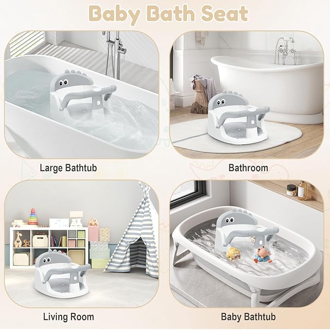 Baby Bath Seat for Babies 6 Months & Up Sitting Up, Non-Slip Baby Bath Chair with Suction Cup, Safe and Comfortable Portable Infant Bath Seat for Bathroom, Bathtub Tub, Easy to Clean (Grey)