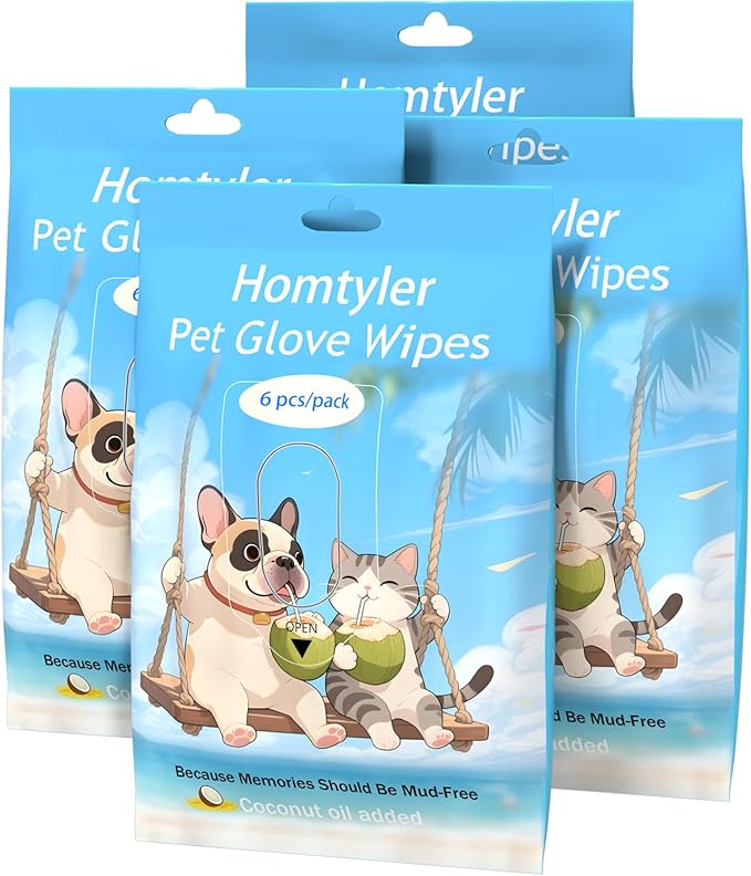 Dog Wipes Cleaning Deodorizing & Washing Gloves for Pets,Glove Wipes Pro for Dogs & Cats with Coconut Oil, Extra-Thick,Lick-Safe for Paws,Eyes,Ears&Body,Rinse-Free Waterless Bath, 4Pack,24PCS