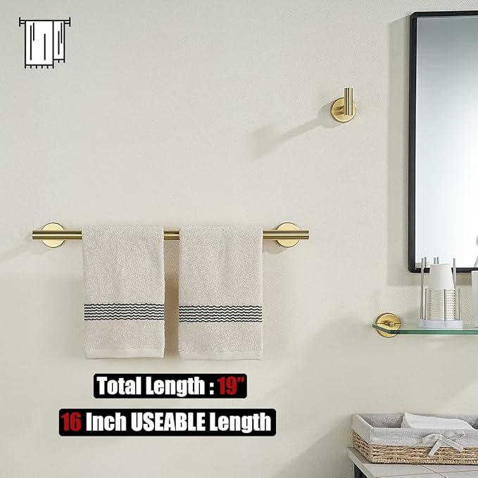 JQK Towel Bar Brushed Gold, 19 Inch 304 Stainless Steel Thicken 0.8mm Towel Rack Bathroom, Towel Holder Wall Mount, Useable Length 16 Inch TB110L16-BG