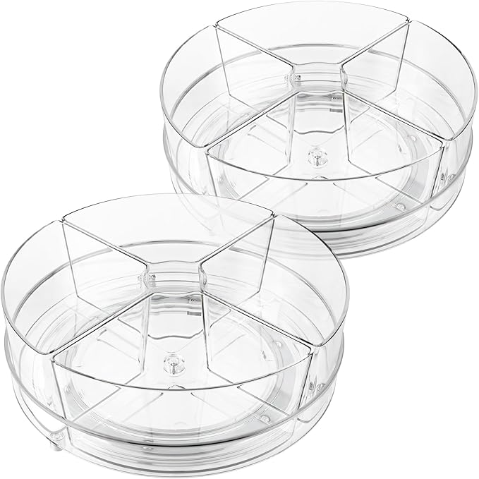 2 Pack Lazy Susan Organizer, 9 inch Rotating Storage Organizer with 4 Removable Bins, Lazy Susan Turntable Organizer for Fridge, Kitchen, Vanity, Cabinet