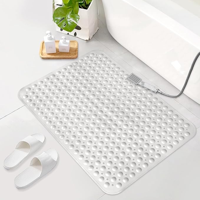 Shower Mat Non Slip: 35.4 x 23.6 Inch Extra Large TPE Shower Mats for Inside Shower - Anti Slip Shower Stall Matt with Drain Hole and Suction Cups for Elderly
