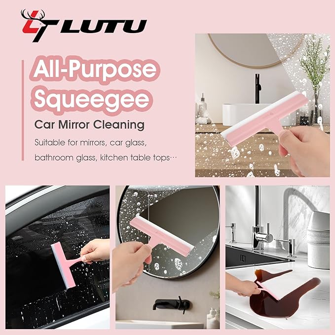 5" Silicone Shower Squeegee for Glass Doors & Car Windows - Small & Mini Size Streak-Free Cleaner, Bathroom, Mirror, Tile Scraper - Compact Pink with Hanging Hole, Kitchen Safe Water Blade