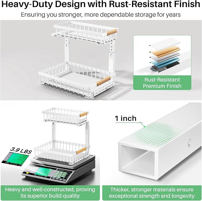 Under Sink Organizer, 2 Packs 2 Tier Under Sink Organizers and Storage, Slide out Pull out Cabinet Organizer Shelf, Metal Sliding Drawer for Kitchen Bathroom Pantry Closet Rack(White)