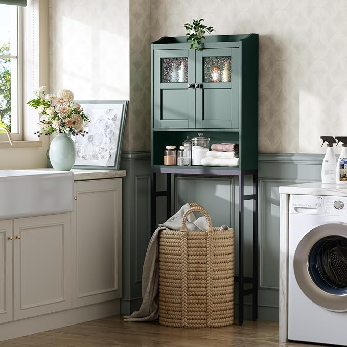 Over The Toilet Storage, Bathroom Over The Toilet Organizer, Above Toilet Storage with Double Doors and Soft Hinges Over Toilet Storage Shelf Over The Toilet Storage Cabinet (Forest Green)