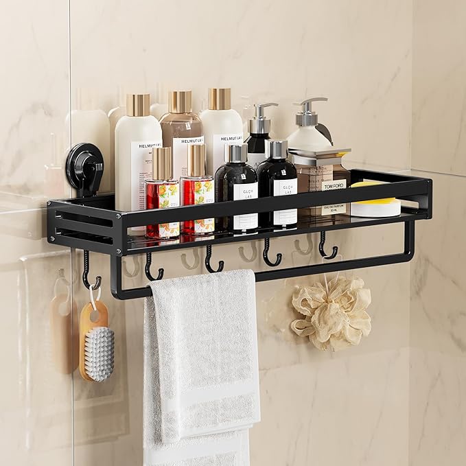 Shower Caddy Suction Cup, 15.8 inch Suction Shower Shelf with Hooks NO-Drilling Bathroom Holder, Rustproof Bathroom Organizer, Black