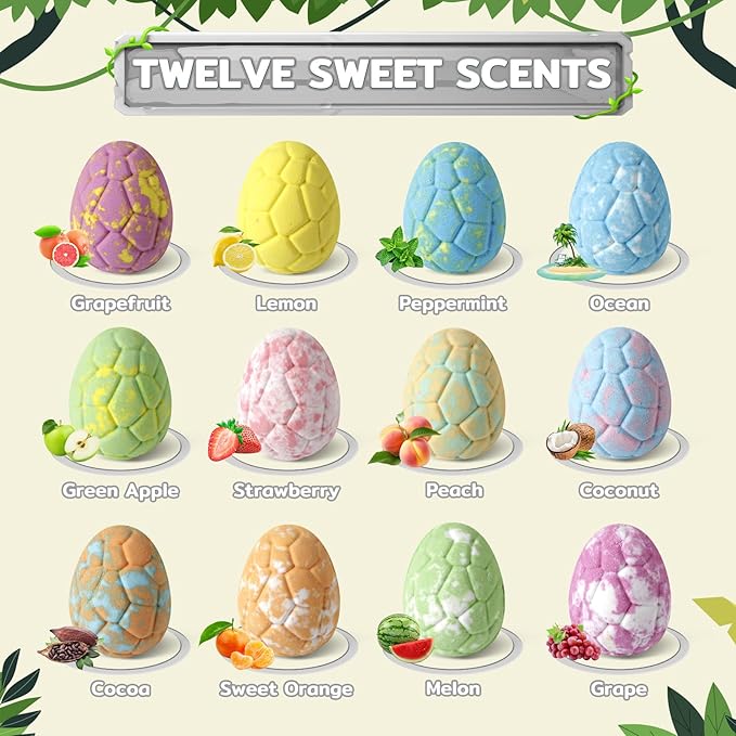 Bath Bombs with Surprise Dinosaur Toys Inside, 12 Pack Organic and Natural Bubble Bath Bombs, Stocking Stuffers for Kids, Bath Bomb Set for Her/Him,Mothers Day Presents for Mom