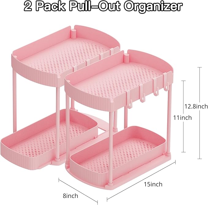 2 Pack Multi-Purpose Pull-Out Storage Organizers, Under Sink & Cabinet Organizers, 12.8 Inch Pink