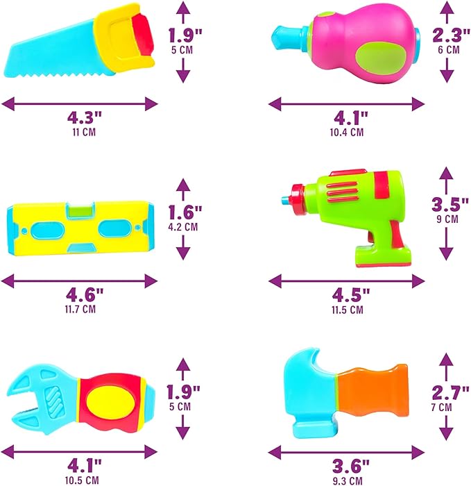 Tub Works® Tools™ Mold Free Bath Toys, 6 Pack | Sealed, No Hole Bath Toys Design Keeps Moisture Out | Soft, Squeezable & Float on Water | Easy-Grip Baby & Toddler Bathtub Toys | Great for Baby Pools