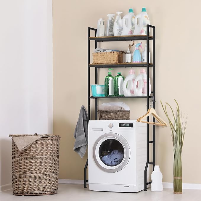 smusei Over The Toilet Storage Shelf, 3 Tier Bathroom Organizer Over The Toilet with Hooks and Toilet Paper Holder Freestanding Wooden Above Toilet Storage Cabinet Rack, Rustic Brown