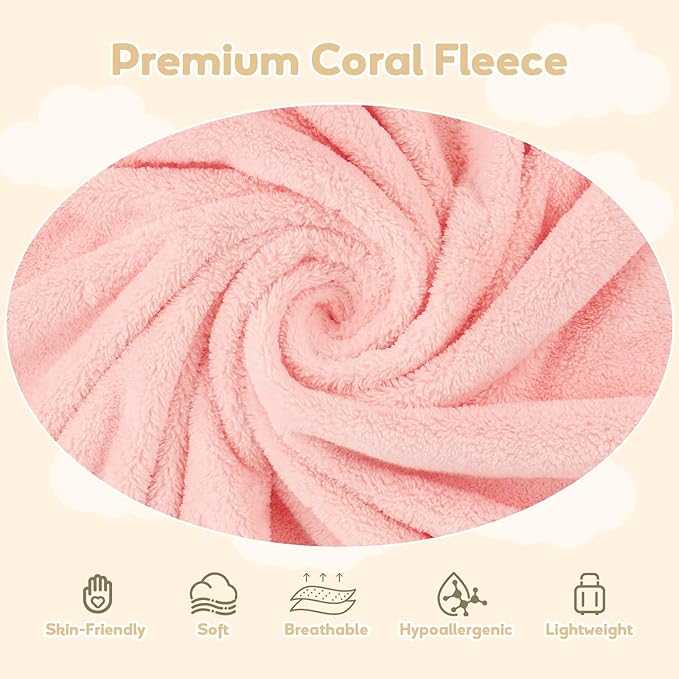 Hooded Towel for Newborn, 2 Pack Soft Coral Fleece Baby Towels, Ultra Absorbent Bath Cloths Bulk for Infants, Toddlers, Newborn Essential- 30 x 30 inch - Pink & White