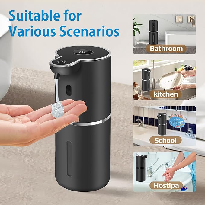 Automatic Liquid Soap Dispenser 12.8oz, Rechargeable & 6 Levels Soap Adjustable with Digital Display, Wall Mount, Waterproof, Touchless Hand/Dish Soap Dispenser for Kitchen, Bathroom, Hotel