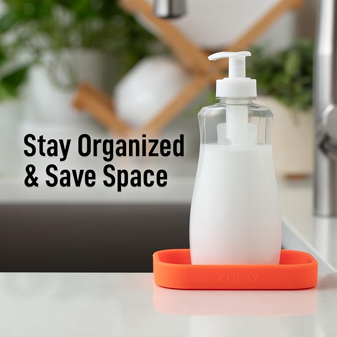Zulay Kitchen Small Silicone Sponge Holder (4.9x3.3”) – Space-Saving Sink Organizer Tray for Sponge, Soap, Brush & More – Compact Non-Slip Dish for Kitchen & Bathroom (Orange)