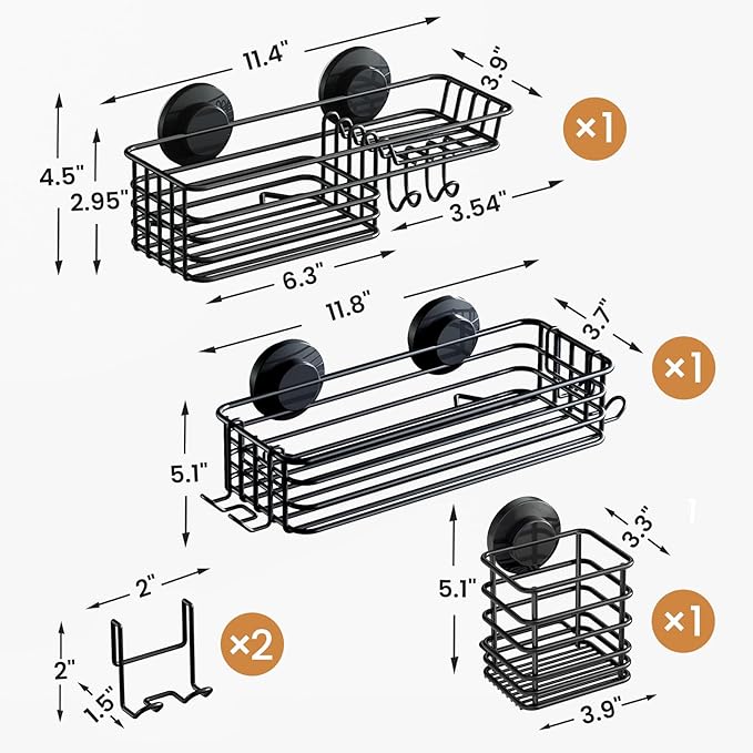 LEVERLOC Shower Caddy Suction Cup, 3 Pack Heavy Duty Bathroom Organizer for Inside Shower with Hooks & Soap Holder, Removable Bathroom Organizer, Rustproof Black Holder Storage