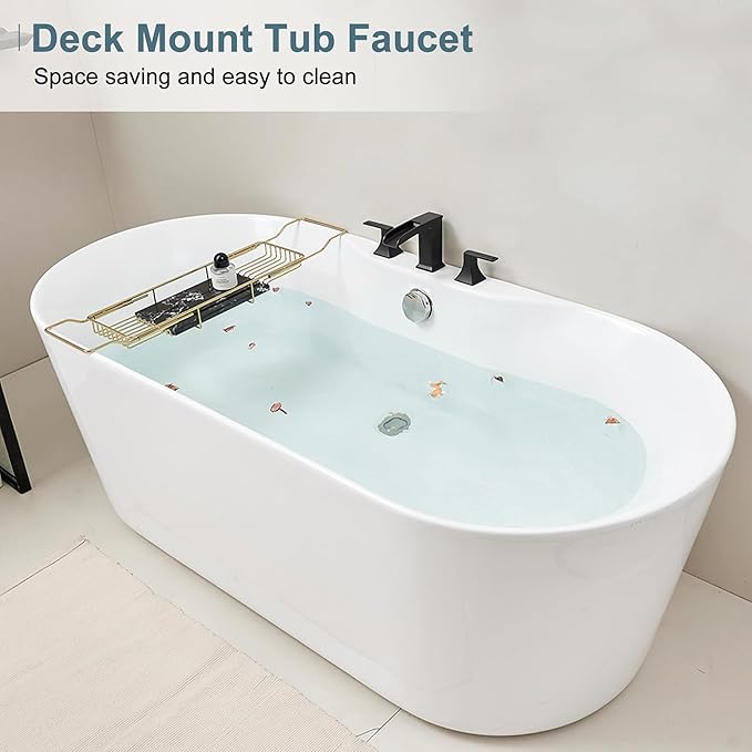 Brass High Flow Roman Bathtub Faucet Black Tub Faucet, Waterfall Bath Tub Faucet Set 3 Hole, Widespread Bathtub Faucets Deck Mount Bath Tub Faucets with 2 Knob, Pre-Installed Water Hose