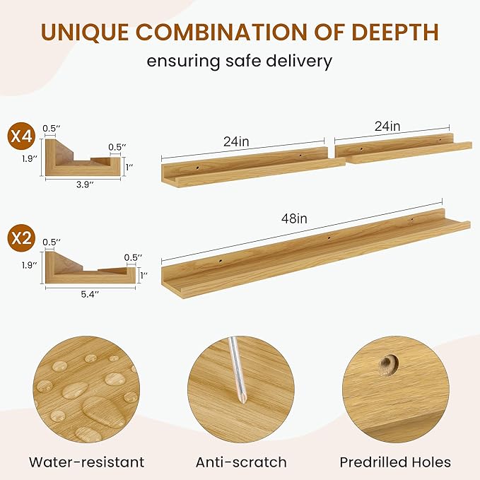 Axeman Picture Ledge Shelf, Floating Shelves for Wall Decor Storage Set of 6, 48 inch Floating Wall Mounted Shelves, Shelves with Lip for Living Room, Bedroom, Nursery, Bathroom, Kitchen, Oak