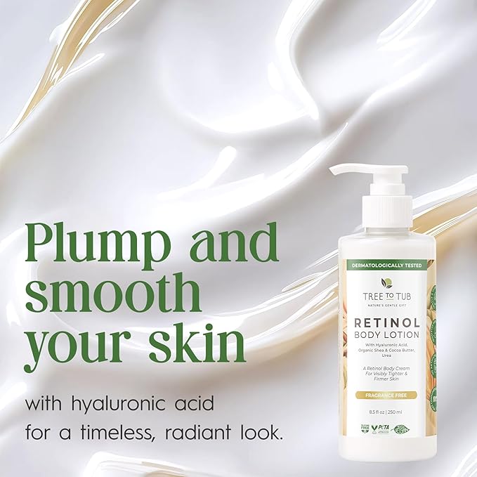 Tree to Tub Retinol Body Lotion - Hydrating Body Cream, Advanced Firming Cream w/Hyaluronic Acid & Shea Butter, Fragrance-Free Body Lotion for Crepey Skin for Older Women & Men