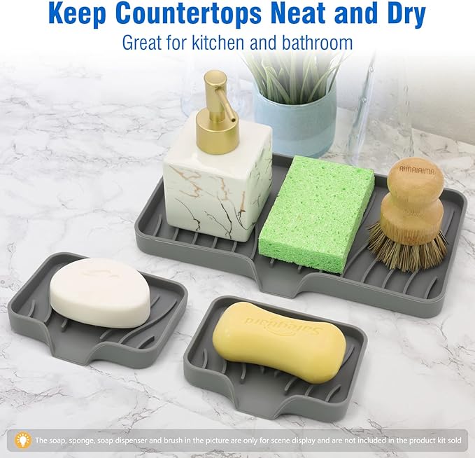 3-Pack Silicone Soap Dish, Sponge Holder for Sink, Kitchen Soap Tray, Bathroom Soap Holder, Sponge Tray with Drain (Grey)