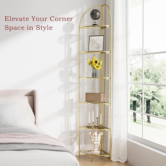Crofy Foldable 6 Tier Corner Shelf, Metal Corner Plant Stand with Gold Frame and Transparent Shelves, Corner Display Rack Multipurpose Shelving Unit for Living Room, Bedroom, Bathroom