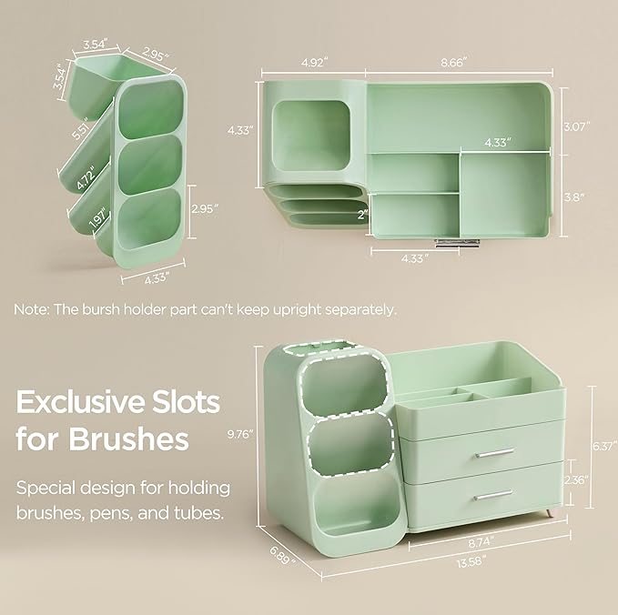HBlife Makeup Organizer with Brush Holder for Vanity, Large Plastic Bathroom Countertop Organizer Skin Care Storage, Easy to Store Lipsticks, Nail Polishes, Perfumes, Eyeshadow Palettes, All Green