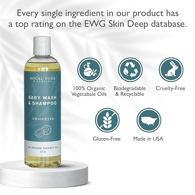 SoCal Suds & Company Organic Baby Shampoo and Body Wash - 2-in-1 Castile Soap, Hypoallergenic, Sensitive Skin, Natural Soap, Toddler Shampoo, Infant, Newborn, Kids Body Wash - 12oz Fragrance Free 2Pk