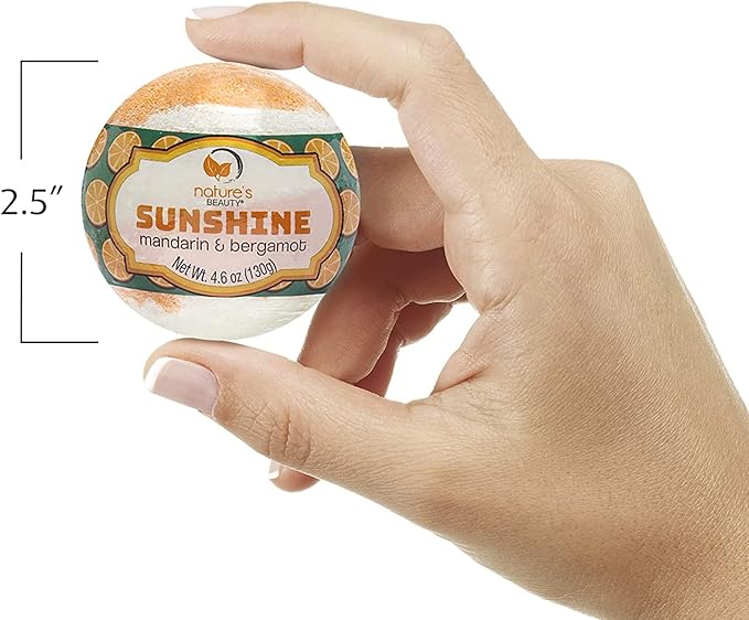 Nature's Beauty Sunshine Mandarin & Bergamot Bath Bomb Multi-Pack - Natural Hand Crafted, Non-Staining, Luxury Fizzy Spa Bomb, Nourishe Dry Skin, Made w/Coconut Oil + VIT. E, 4.6oz (4 Pack)