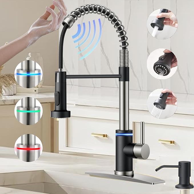 Smart Kitchen Faucet, 3 Modes Pull Down Sprayer, Touch On Sensor Activated, LED Temperature Control, 360-Degree Rotation,1 or 3 Hole Deck Plate. 10-Year Warranty. (KW-66NR, Brushed Nickel/Black)