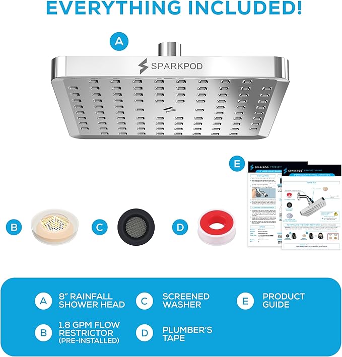 SparkPod Shower Head - High Pressure Rain - Premium Quality Luxury Design - 1-Min Install - Easy Clean Adjustable Replacement for Your Bathroom Shower Heads (Luxury Polished Chrome, 8 Inch Square)