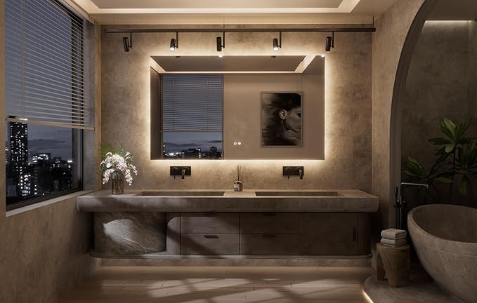 TETOTE 60 x 36 Inch LED Backlit Bathroom Mirror with Lights, 3Color White/Warm/Natural, Anti-Fog Lighted Mirror,Dimmable,Vanity Mirror,Wall Mounted