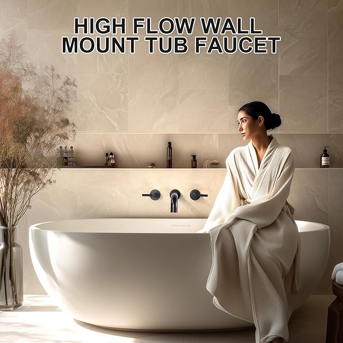 ALEASHA Wall Mount Tub Filler Tub Faucet High Flow Bathtub Faucets Two Handles Solid Brass, 12" Long Spout Reach, Oil Rubbed Bronze