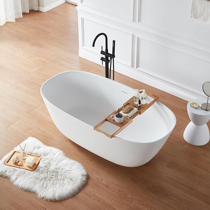 Cpingao 59" Solid Surface Freestanding Bathtub, Stone Resin Soaking Tubs, Stand Alone Tub with Pop-up Drain and Overflow, Matte White 8823A-1500