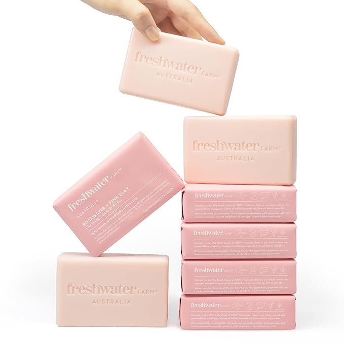 Freshwater Farm Australia Castile Natural Bar Soap | Rosewater + Pink Clay | Australian Made + Family Owned | Triple-Milled with Australian Pink Clay | Recyclable Paper Wrap | 200g x 8pk