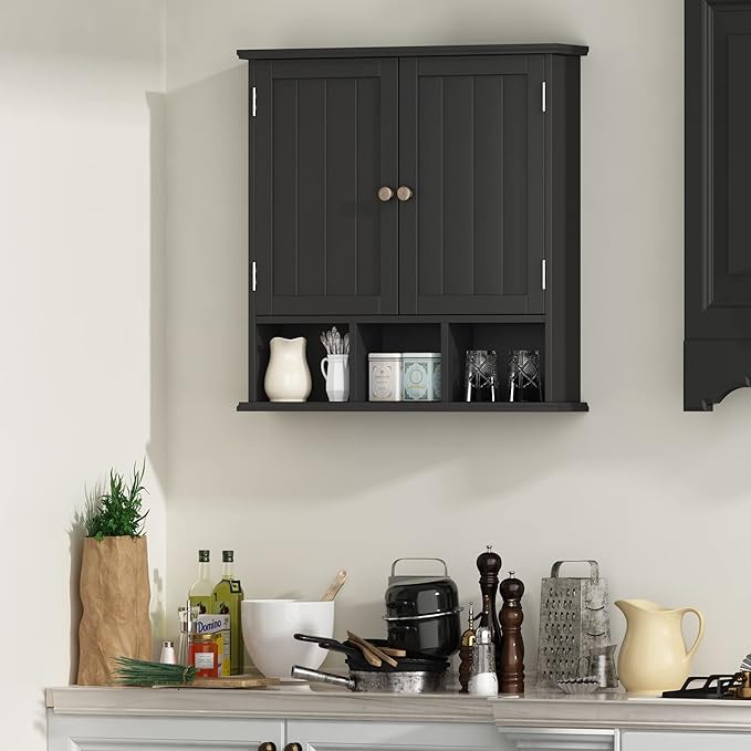 ChooChoo Bathroom Cabinet Wall Mounted 2-Door with 3 Open Shelves， Wooden Medicine Cabinets with Adjustable Shelf，Space Saver Storage Cabinets Over The Toilet for Bathroom&Living Room，Black