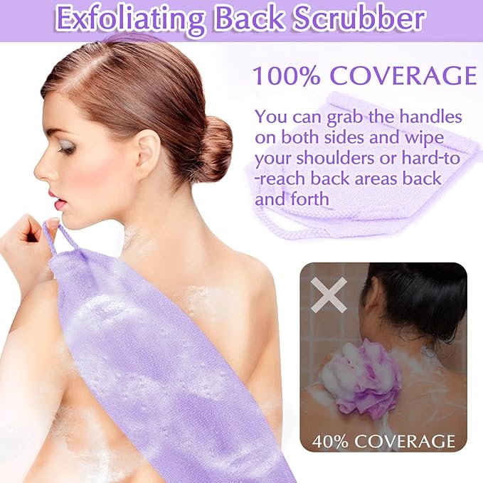 Anezus Exfoliating Back Scrubber Bath Gloves Set, Exfoliating Shower Towel with Shower Gloves for Body Scrub, Back Cleaner Wash Gloves to Remove Dead Skin (Purple)