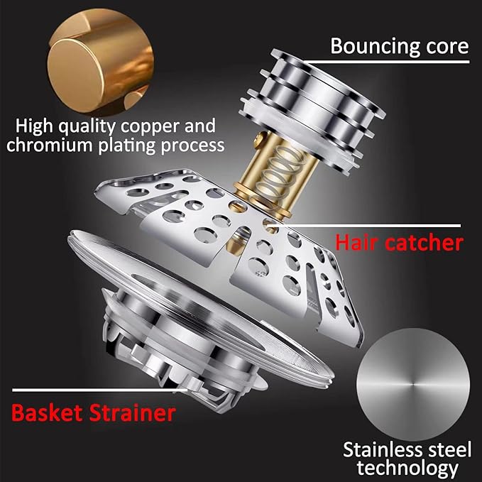 Universal Tub Stopper Bathtub Drain Plug, Pop Up Tub Drain Hair Catcher, Drain Cover with Strainer, for 1-3/8 to 2in Bath Drain Hole