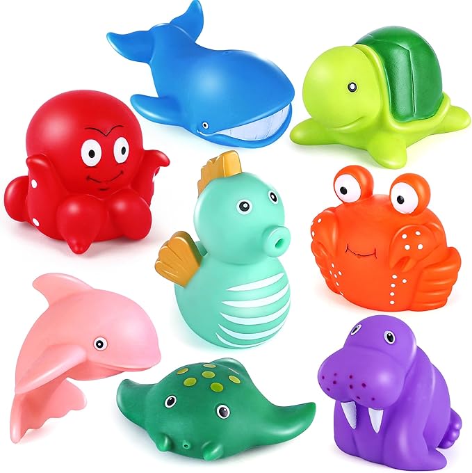 LotFancy Bath Toy, 8PCS Mold Free Bath Toys for Kids Ages 1-3, No Holes Baby Bath Toys for Toddlers 2-4, Ocean Sea Animal Bathtub Toys, Soft Floating Pool Water Table Toys