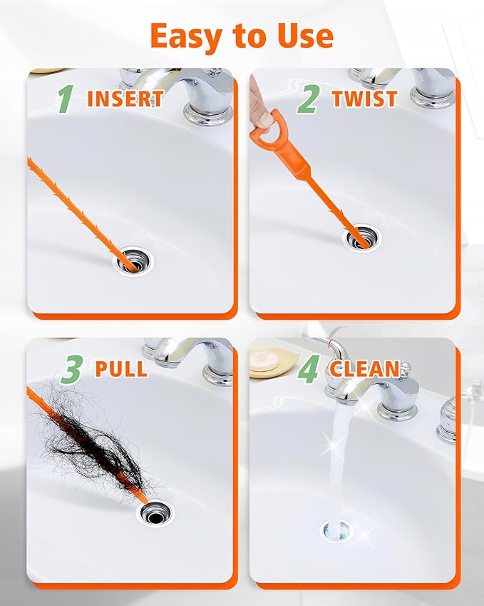 Drain Clog Remover, 25-Inch Drain Hair Removal Tool, Drain Hair Remover Plumbing Snake, Drain Cleaner Hair Clog Remover, Shower Drain Hair Catcher, Easy & Quik to Use on Most Drains - 6 Pack