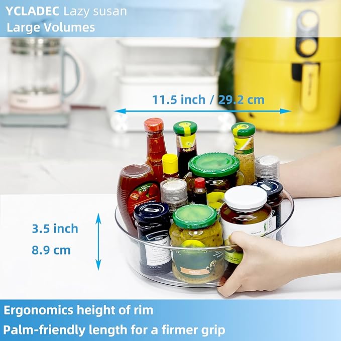 2 Pack Lazy Susan 11.5" Inch Turntable Organizer Organization Storage Container Bins Spice Rack Cabinet Rotating Condiment for Pantry Countertop Kitchen Vanity Bathroom Jewelry Holder Clear