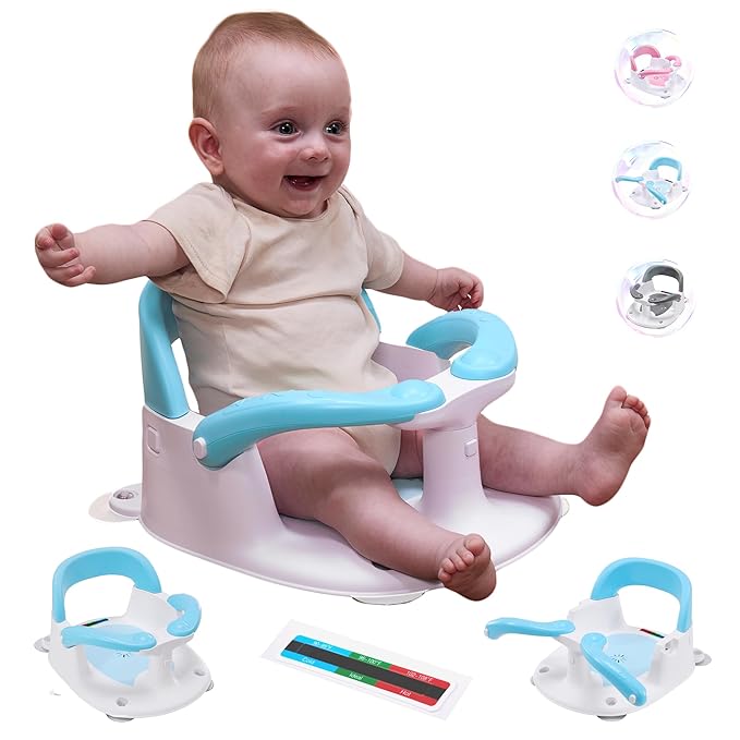 Baby Bath seat for Babies 6 Months & up, 360° Stable Toddler Bath Chair with one-Touch Button, Back Hollow Design, Water Temperature Card & 4 Suction Cups for Safety (Blue)