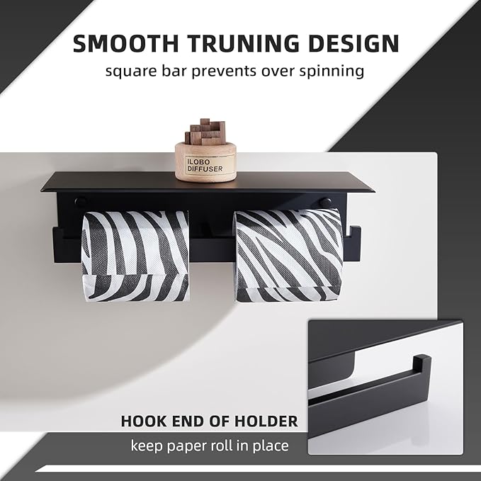 Angle Simple Matte Black Toilet Paper Holder with Shelf, 304 Stainless Steel Double Toilet Tissue Roll Holder for Wall