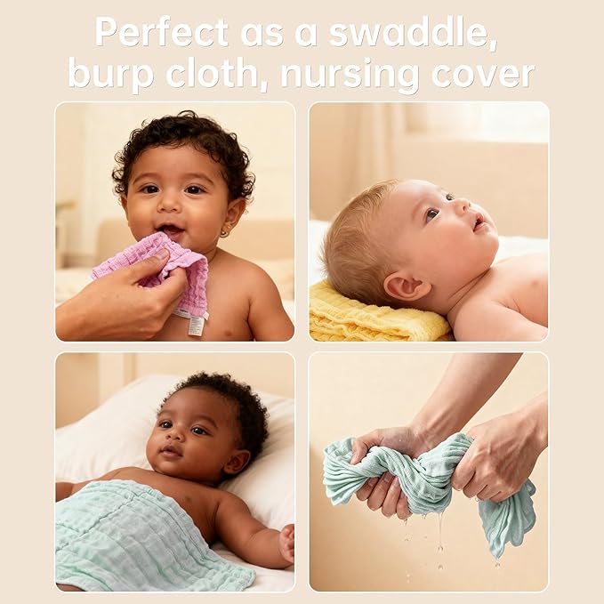 Organic Muslin Baby Washcloths 6 Pack Baby Bath Face Towel 12x12 Inch Extra Absorbent and Soft Burp Cloth and Wash Cloths for Newborn-Infants On Sensitive Skin (Yellow Green Pink)