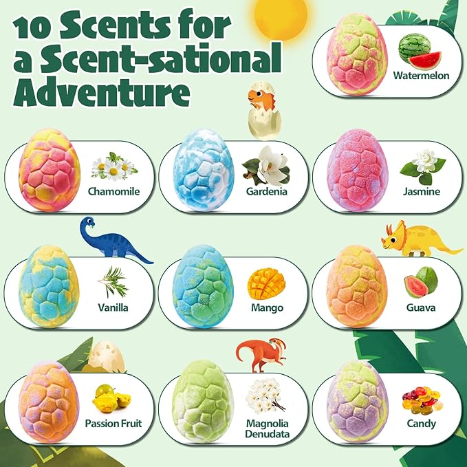 Dinosaur Bath Bombs for Kids with Surprise Inside, 10 Pack Natural Dino Eggs with Exclusive Herbivorous Dinosaur Toys, Birthday Gift Set for Boys & Girls, Dinosaur Toys for Kids Ages 3-9