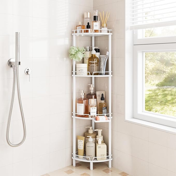 ELYKEN Corner Shower Caddy Standing, 4 Tier Rustproof Metal Shower Organizer with Soap Holder, Floor Shower Corner Shelf Rack Storage Stands with Adjustable Feet & 2 Hooks for Bathroom, White